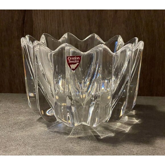 Orrefors Vintage Fleur Crystal Bowl Jan Johansson Signed Original Sticker 4.7" - Picture 1 of 6